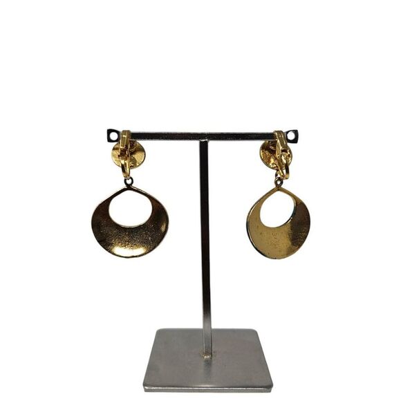 Vintage mod clip-on earrings with teal donut dangles and bright green bullseye - Picture 3 of 5